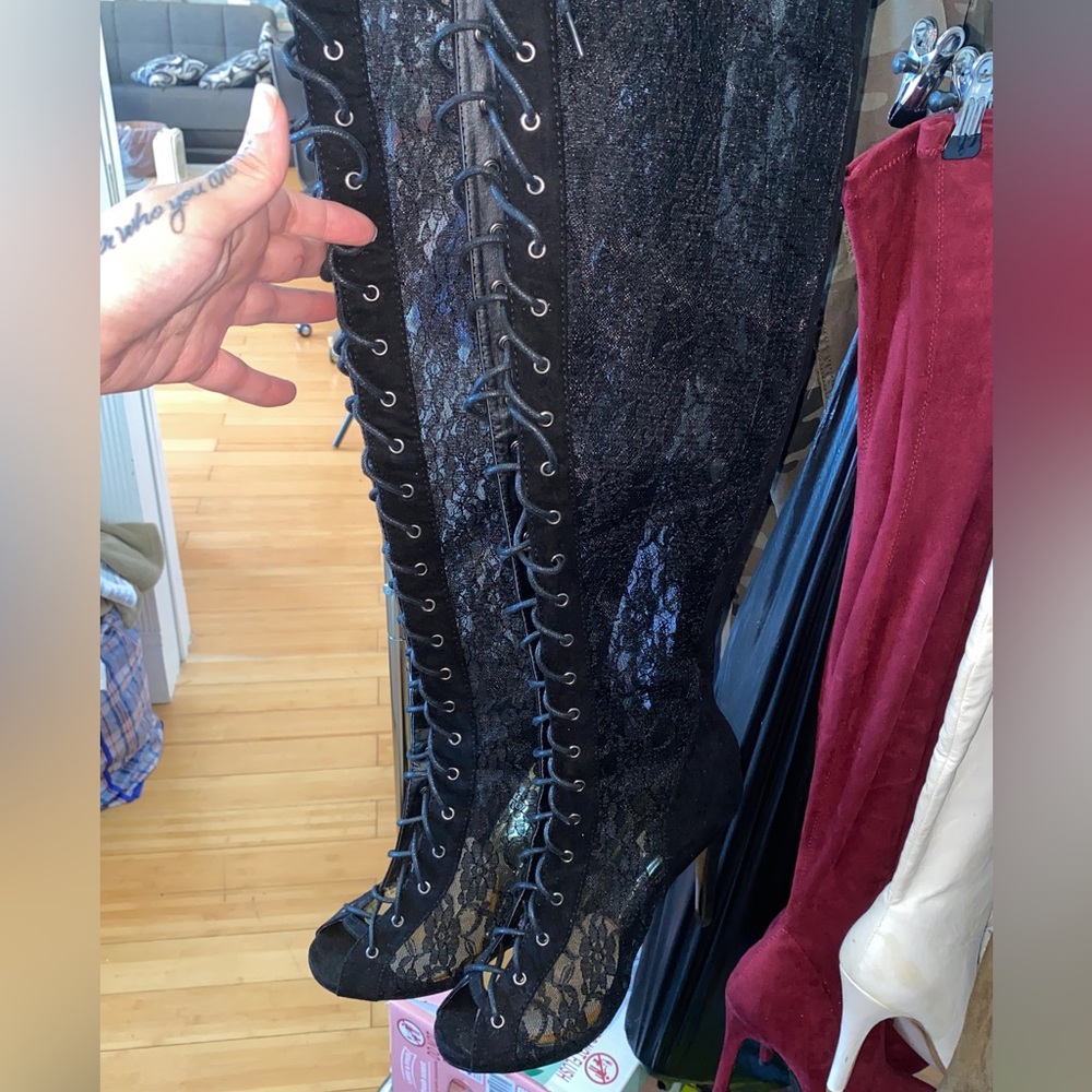 Lace Pane Thigh High Peep Toe Heeled Boots